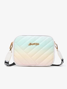 Detail of V-quilted texture and gold Just For You logo on rainbow gradient handbag