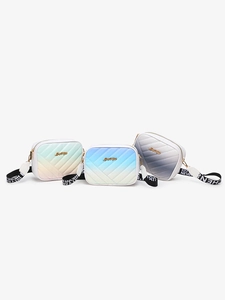 Detail of gradient quilted crossbody bags with V-stitch patterns and wide woven straps
