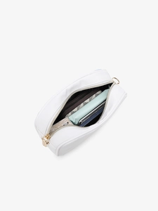 Internal view of white PU leather crossbody bag showing spacious storage and inner pocket