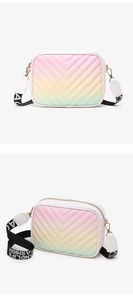 Detail of rainbow gradient camera bag featuring V-shaped quilting and wide letter strap