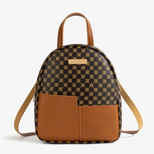 Mini zaino vintage con stampa a quadrifogli e tasca frontale in pelle marrone