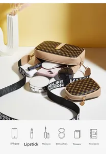 Detail view of beige camera bag set showing spacious interior with various makeup items