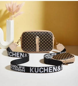 Detail of vintage patterned camera bag set with logo wide strap and gold hardware