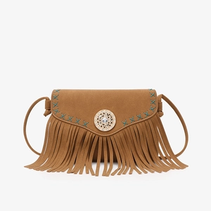 Elegante borsa a tracolla in camoscio marrone con frange e fibbia diamantata vintage