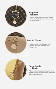 Detail of cat charm, smooth gold zipper, and detachable metal hook on printed handbag