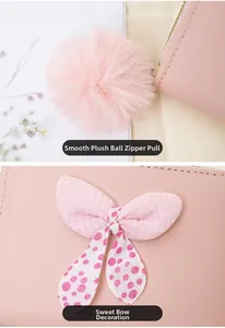 Close-up of pink polka dot bow decoration and fluffy pompom zipper on mini wallet