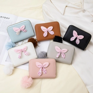 Women Short Wallet PU Leather Zipper Coin Purse With Polka Dot Bow And Plush Ball Pendant Cute Small Card Holder