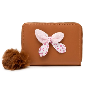 Cute brown mini coin purse with pink polka dot bow and plush ball pendant charm