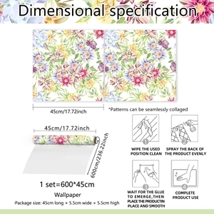 Dettaglio della carta da parati floreale con dimensioni 600x45cm e guida alla posa