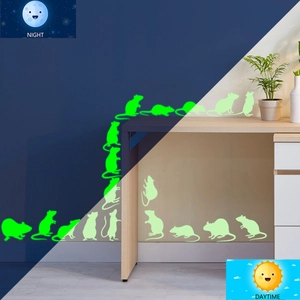 Luminous mouse wall stickers showing daytime and green glow in the dark night effect