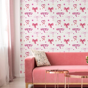 Papier peint à motifs nœuds roses et cœurs pour chambre avec décor de salon cosy