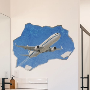 3D airplane wall sticker with realistic broken wall effect for living room decoration