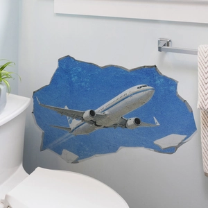 3D airplane wall sticker with broken wall effect showing a jet flying in the blue sky