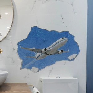 3D broken wall sticker featuring a white airplane flying in a blue sky for room decor