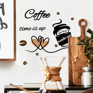 Kaffeezeit Ist Um Schriftzug PVC Wandaufkleber Handgezeichnete Kaffeetasse Muster Abnehmbare Selbstklebende Sticker Für Küche Cafe Dekor