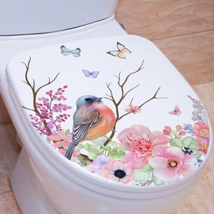 Floral toilet lid sticker featuring a blue bird, pink peonies, and colorful butterflies