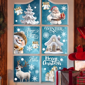3D Christmas window stickers set with Santa, reindeer and snowman for holiday glass decor