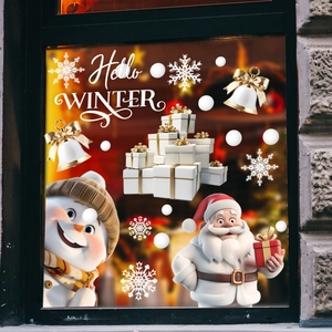 Christmas penguin and Santa window stickers with Hello Winter text and snowflakes