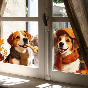 Autumn beagle dog window static clings with maple leaves on cozy wooden glass frame