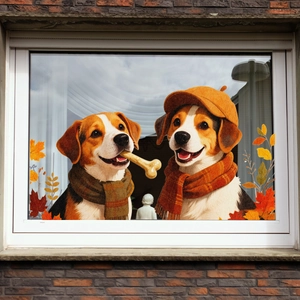 Cute beagle dog window stickers with autumn maple leaves for home glass decoration