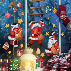 Double-sided Christmas window decals set with Santa and holiday decorations in snowy scene