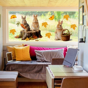 Detailed rabbit themed static window stickers with autumn maple leaves and logs on glass