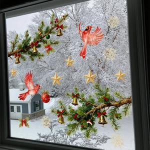 Weihnachtsfensteraufkleber mit Kardinalvögeln, Tannenzweigen und Goldglocken