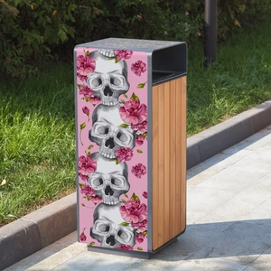 Waterproof trash bin sticker featuring a skull and pink peony flowers in gothic style