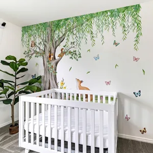 Forest themed wall decal with tree, fox and owl for kids room and nursery decoration