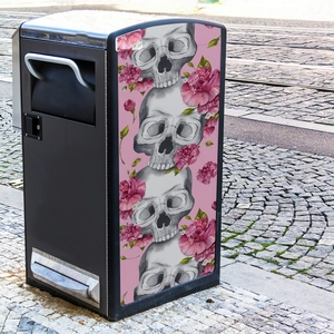 Outdoor trash bin featuring skull and pink flower decorative waterproof vinyl stickers