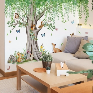 Watercolor forest wall sticker with large weeping tree, fox, rabbit, and squirrels