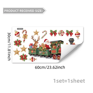 Details von Weihnachtsfensteraufklebern mit Weihnachtsmann auf grünem Zug und Rentieren