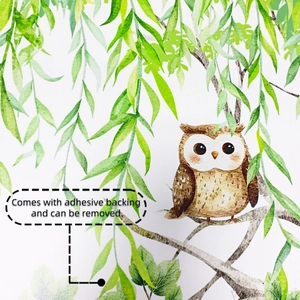 Detail of self-adhesive watercolor owl wall sticker on a green branch with removable feature