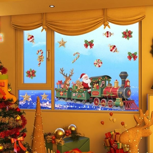Detaillierte 3D Weihnachtsfensteraufkleber mit Weihnachtsmann im Dampfzug und Rentieren