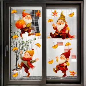 Autumn gnome window clings set featuring colorful maple leaves and festive harvest gnomes