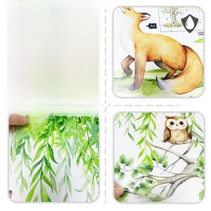 Detail of waterproof wall sticker with hand-painted fox, owl, and willow leaf patterns