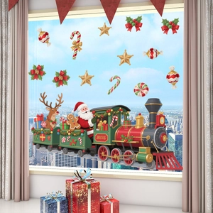 Weihnachtsfensterbilder mit Weihnachtsmann auf grünem Zug und Rentier-Motiven