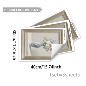 Set of 3 European vintage floral wall stickers with faux frames and blue porcelain vases