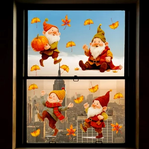 Autumn gnome window clings featuring pumpkins and maple leaves on a glass pane