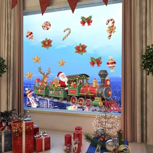 Weihnachtsfensteraufkleber mit festlichem grünem Zug, Weihnachtsmann und Rentier-Motiv