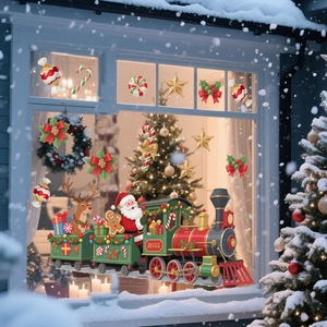 Detailansicht der Weihnachtsfensteraufkleber mit Weihnachtsmann auf rotem Zug
