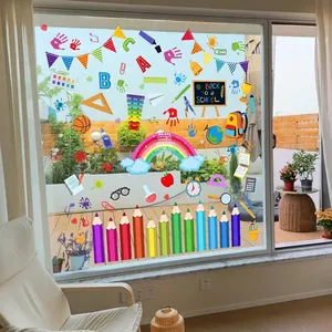 Back To School Wall Sticker Rainbow Pencil Alphabet Decal Double Sided Visible PVC Self Adhesive Classroom Window Decor