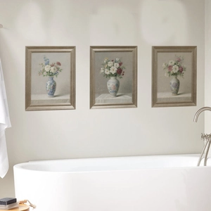 Set of three vintage floral oil painting wall stickers with elegant silver grey frames