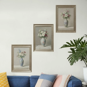 Three-piece vintage floral oil painting wall stickers with frames for living room decor