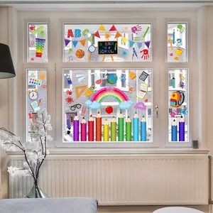Double-sided Back to School window decals with rainbow, globe and pencil illustrations