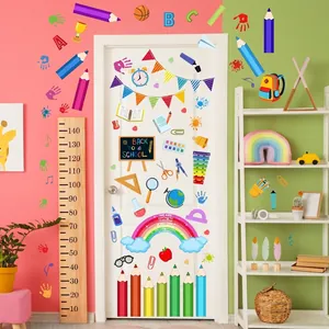 Colorful back to school wall decals with height chart and rainbow nursery decor