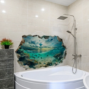 3D ocean world wall sticker with coral reef and tropical fish for bathroom decoration