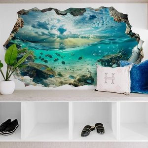 3D ocean world wall sticker with coral reef and tropical fish through a broken wall effect