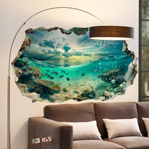 3D ocean wall decal with tropical fish and coral reef for living room decor