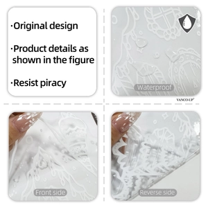 Waterproof white house window sticker detail showing front and back textures with water drops